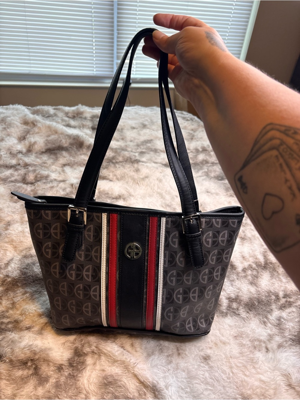 Giani Bernini Black Tote with Red and White Stripes